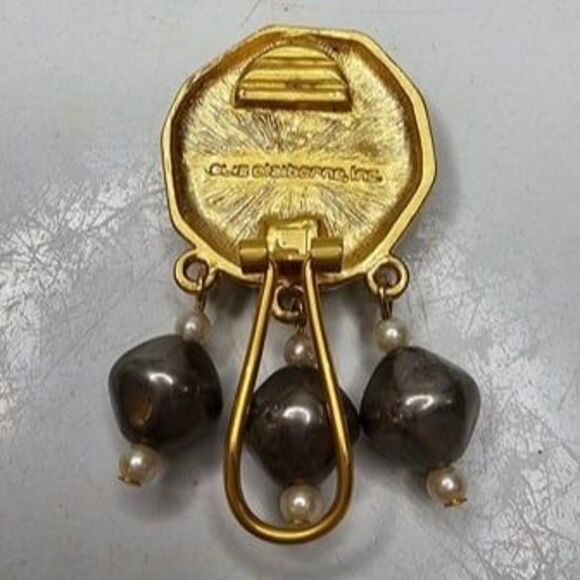 Liz Claiborne Gold tone Dangle Clip-On Earrings Brown Stone, Faux Pearl Grey - Picture 3 of 4